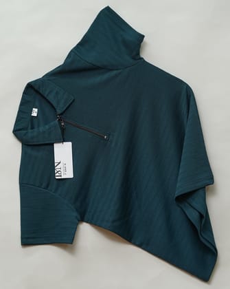 Bottle Green | Ottoman Rib Textured | Polo Zipper T-Shirt-M
