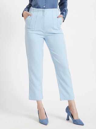 Women'S Luxury Banana Crepe Ice Blue Skin Fit Multi Pleated Trouser-28