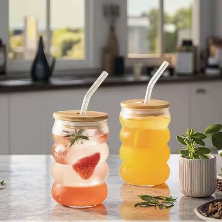 Drinking Glasses with Bamboo Lids and Glass Straw 400 ML Travel Sipper for Juice Water Smoothies Cocktail Beer Mugs Iced Coffee Milkshakes (Pack of 2)