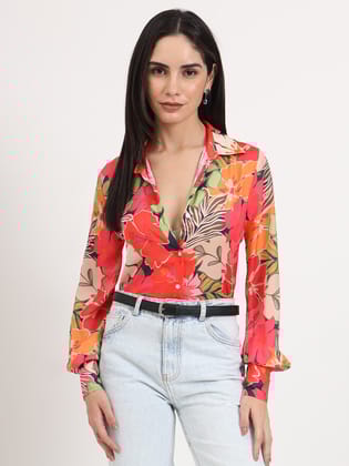 Women'S Luxury Satin Multicolour Regular Length Straight Hem Digital Print Shirt-M