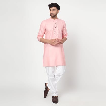 PINK Men's band collar cotton silk kurta-XS