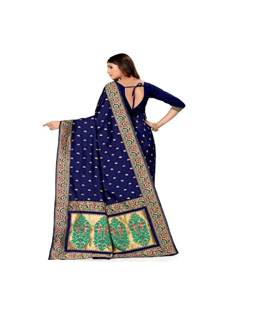 Women's Banarasi Silk Designer Weaving Saree with Unstitched Blouse (Blue, 5.50 Mtrs)