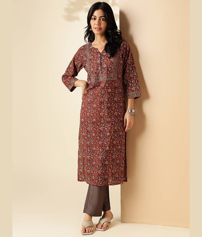 Vbuyz Cotton Printed Straight Women's Kurti - Brown ( Pack of 1 )
