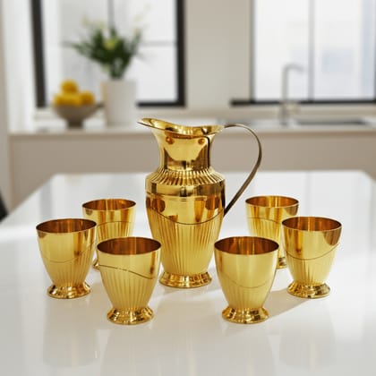 Brass Water Jug + 6 Glasses Set | Elegant Dining Beverage Set, Height : 8 Inch (ZMAS234 B)