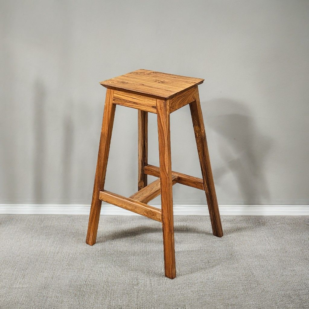 Almie Wooden Long Bar High Stool for Home Kitchen Farmhouse Style in Natural Teak Brown Finish