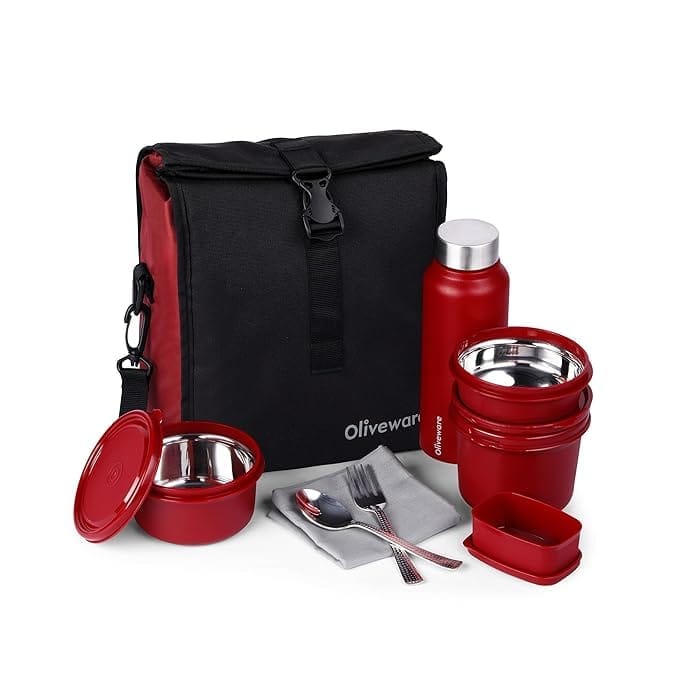 Lunch Box with Steel Cutlery, BPA Free Lids,Microwave Safe,Inside Steel Containers(290ml, 450ml & 600ml),Plastic Pickle Box (130ml),Steel Water Bottle(750ml) -Mahroon_assorted colour