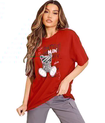 Leotude Women Cotton Blend Printed Oversized Fit Round Neck T-Shirt ( Red )