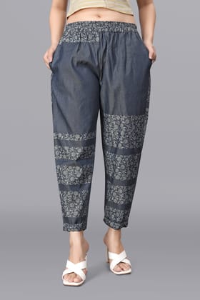 Owo The Label Women Pant Floral Print (OTLPANT2006)-Small / Denim