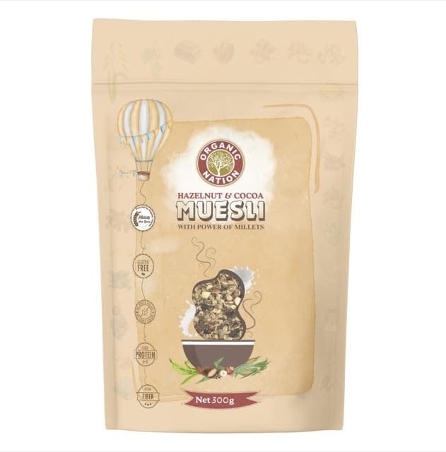 Organic Nation Muesli Hazalnuts & Cocoa Seeds 300g | 12-in-1 Power Breakfast | India�s No. 1 Muesli | Multigrain Breakfast Cereal |