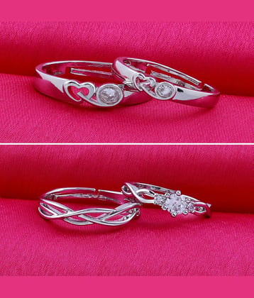Adjustable Couple Rings Set for lovers Silver Plated Party Wear Solitaire for Men and Women 2 Pair