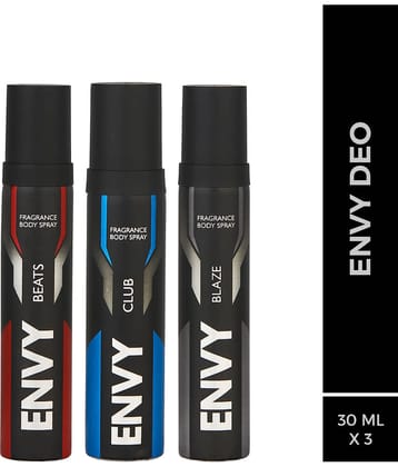 Envy Beats, Blaze & Club Long Lasting Nano Deodorant Spray For Men 30 ml Each ( Pack of 3 )