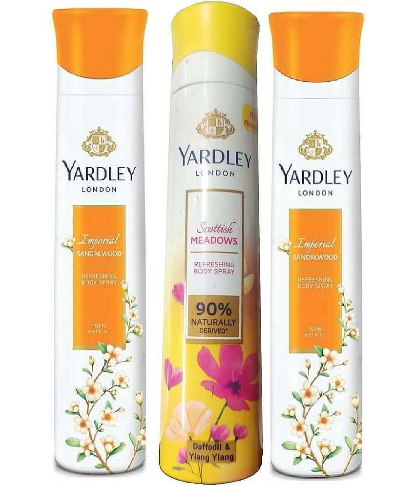 YARDLEY LONDON 2 IMPERIAL SANDALWOOD , 1 SCOTTISH  MEADOWS BODY SPRAY 150 ML EACH PACK OF 3 .