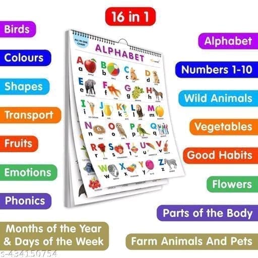 16 in 1 All in One Chart for Kids, Alphabet, Numbers, Colors, Shapes, Fruits, Vegetables, Animals, and More