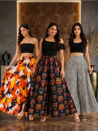 UneR Women's Smocked Palazzo Pants Combo Pack of 3 | High Waisted Wide Leg Flared Parallel Trousers | Free Size Waist 28 to 42