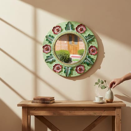 PREET GALLERY Handcrafted Round Wooden Wall Mirror | Floral Hand-Painted Frame | Decorative Mirror for Living Room, Bedroom & Entryway-Traditional Hand-Painted Round Wall Mirror