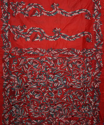 Red hand embroidery tussar silk kantha stitch saree Red hand embroidery tussar silk kantha stitch saree