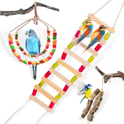 2 Pcs Bird Toys Basic - Bird Ladder ,Hanging Chewable Bird Toy Made with Bamboo