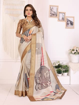 Beige Soft Tissue Silk Digital Art Printed saree with Zari Jacquard Weaving Border