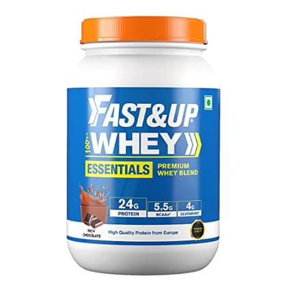 FAST&UP Essentials Whey Protein Isolate Blend (Rich Chocolate flavour), 30 Servings, 24g Protein, 5.5g BCAA, 4g Glutamine (2.1 Lbs, 960gm) FAST&UP Essentials Whey Protein Isolate Blend (Rich Chocolate flavour), 30 Servings, 24g Protein, 5.5g BCAA, 4g Glutamine (2.1 Lbs, 960gm)