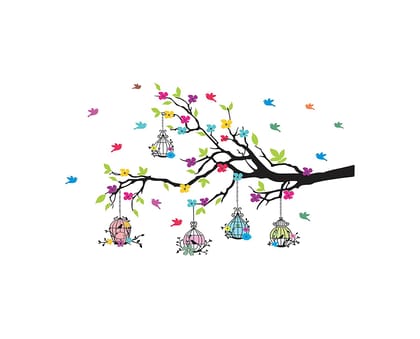 DreamKraft Tree and Flowers Multicolour Vinyl Size 80 cm X 127 cm Wall Sticker
