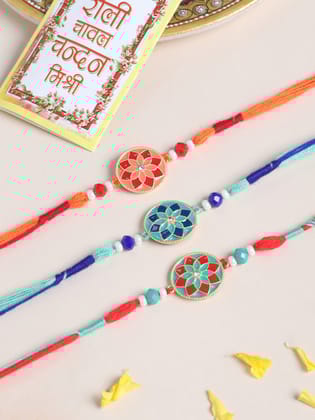 NVR Men Set of 3 Floral Design Multicolor Artificial Beads Thread Rakhi with Roli Chawal Chandan & Mishri-One Size / Multicolor