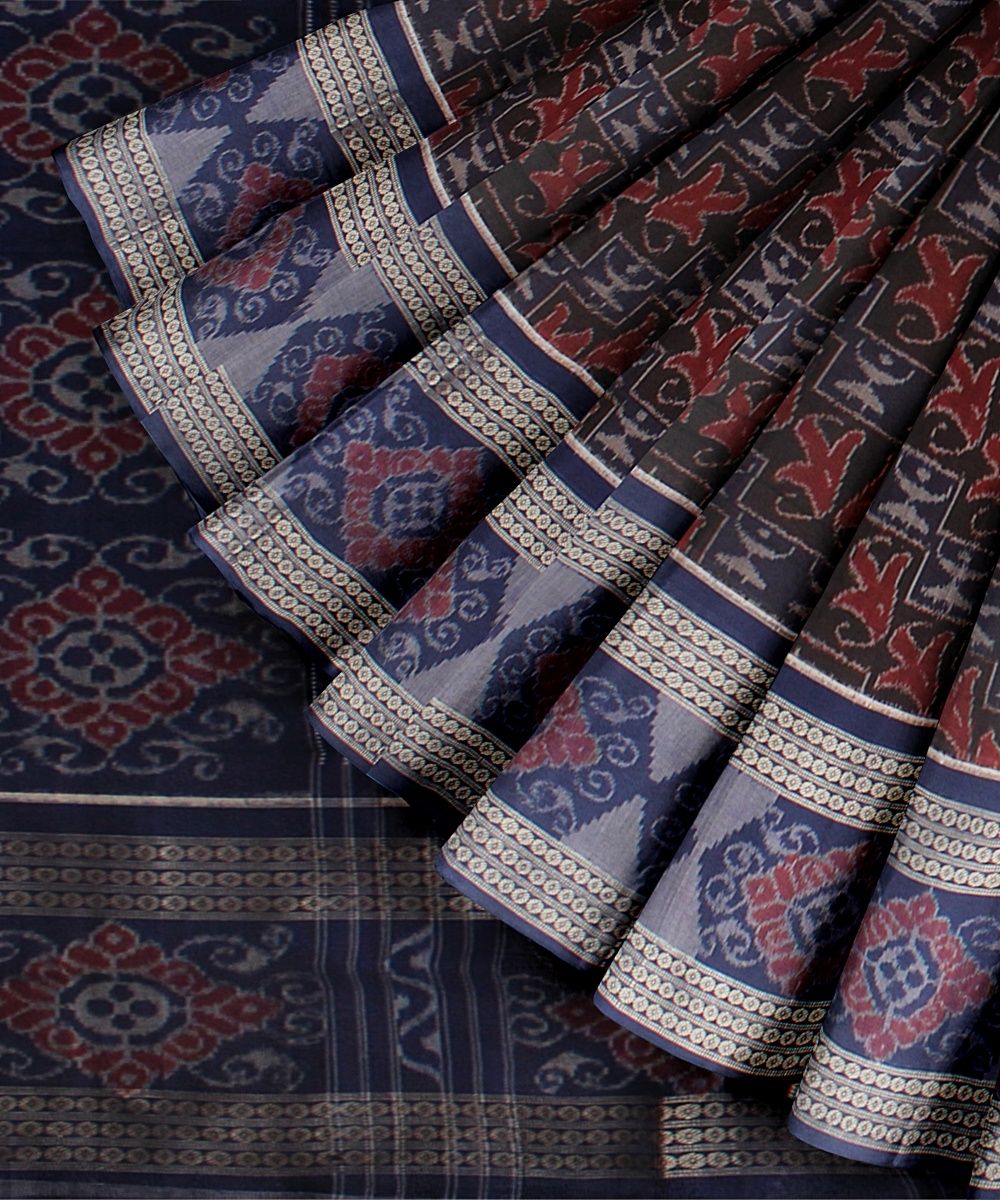 Deep Maroon Blue cotton Handloom Sambalpuri Saree