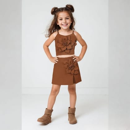 Girl's Flower Patch  Co-Ord Set [GCS-7654](2 - 10Years)-2-3Y (Size - 20) / Imported / Brown