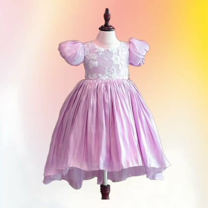 Girls' Lavender High-Low Party Dress with Floral Lace Bodice | Puff Sleeves | Festive Occasion Girls' Lavender High-Low Party Dress with Floral Lace Bodice | Puff Sleeves | Festive Occasion