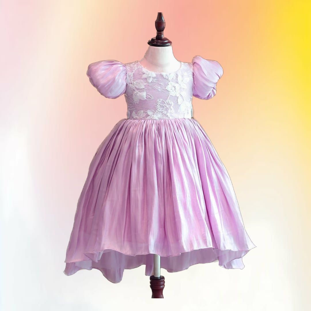 Girls' Lavender High-Low Party Dress with Floral Lace Bodice | Puff Sleeves | Festive Occasion