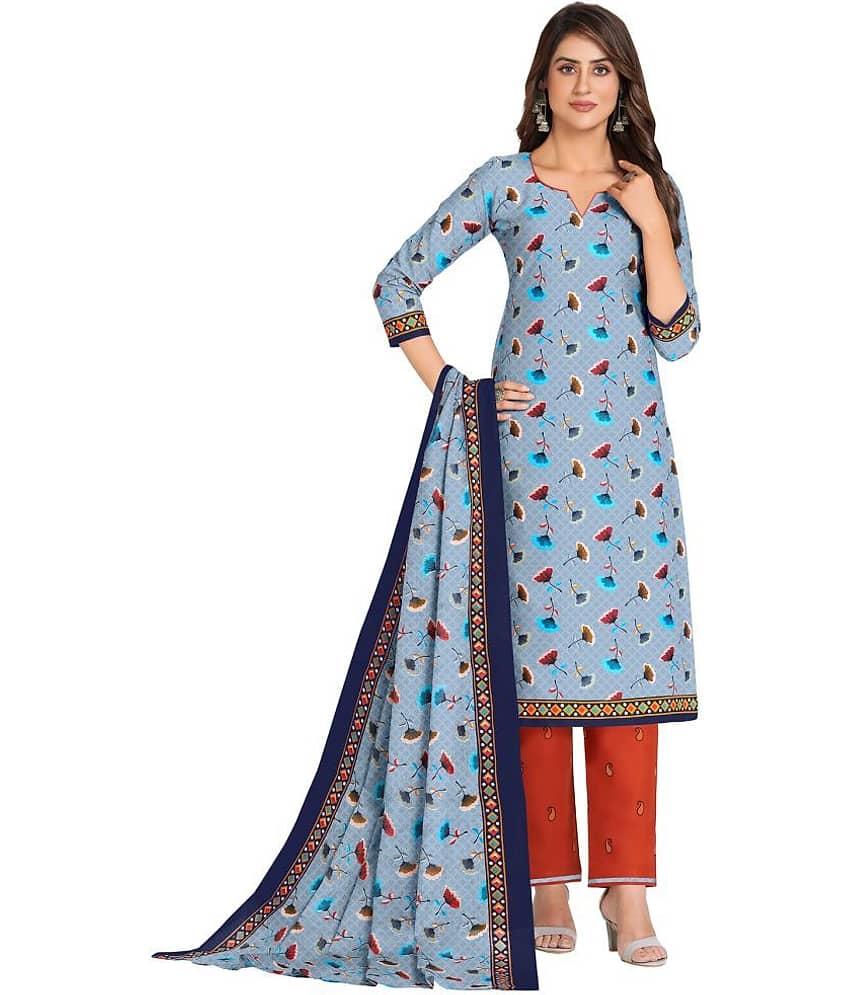 shree jeenmata collection Blue Cotton Unstitched Dress Material - Single