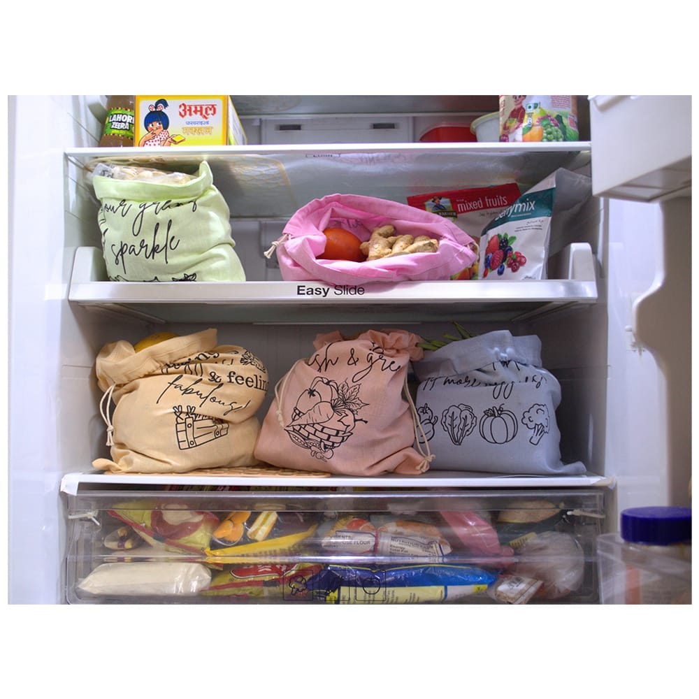 IVillage Cotton Vegetable Bags Set of 5 Fridge Storage Bag for Vegetables Fruits Storage Pouches for Refrigerator Durable and Reusable Drawstring Pouch for Sabji Vegetables Storage Bag