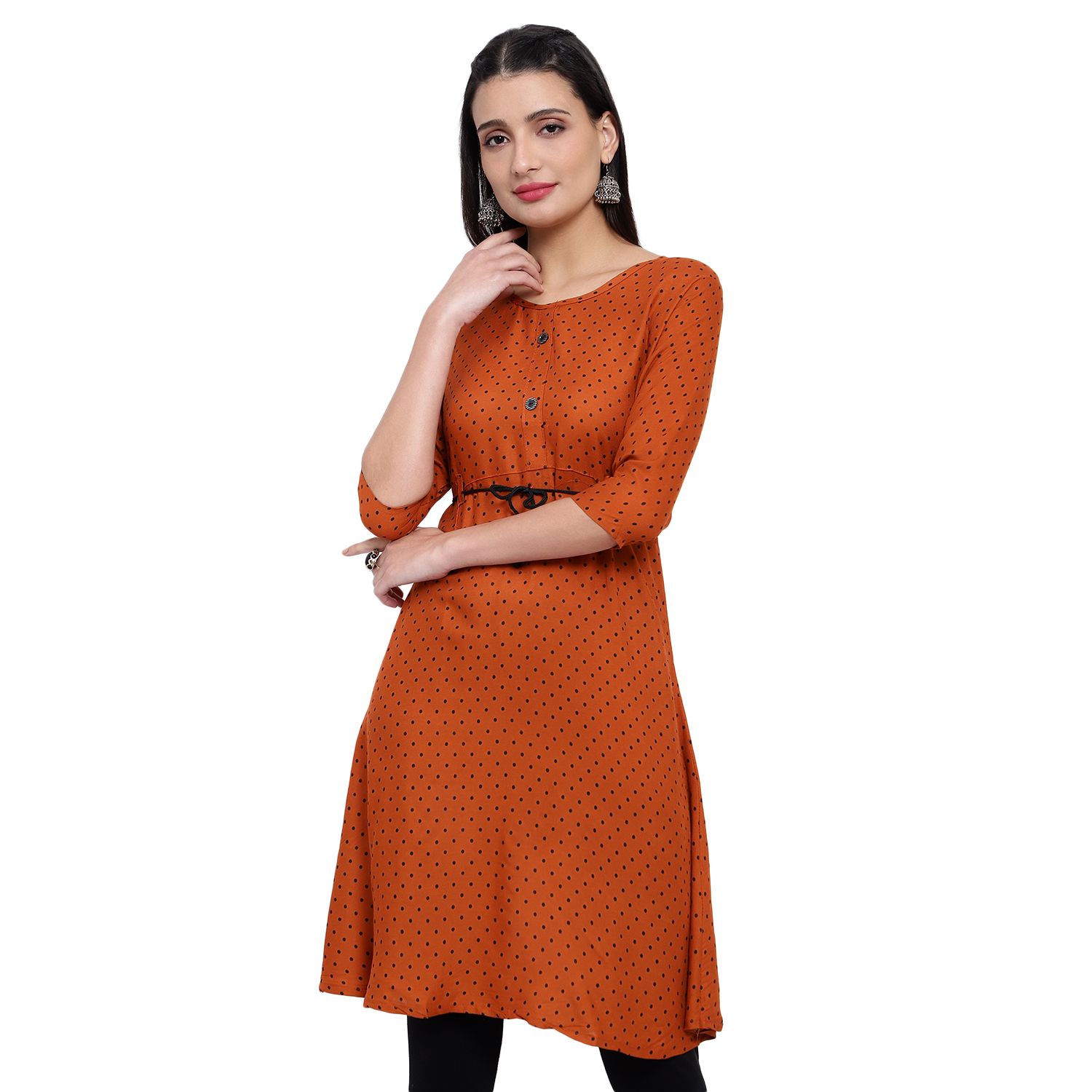 MRS RIGHT RAYON PRINTED ORANGE FLARED KURTA