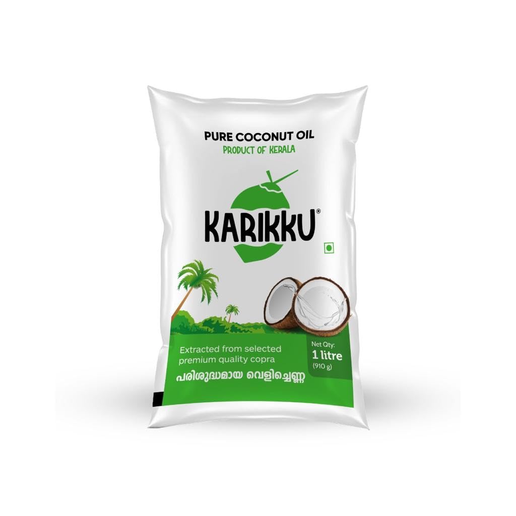 KARIKKU 100% Pure And Natural Coconut Oil |Healthy Cooking Oil for the Heart|Premium Edible Coconut Oil For Cooking, Pouch 1 Litre