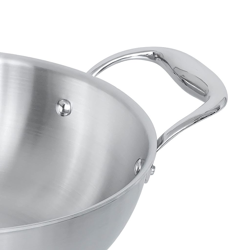 Femora Induction Safe, Stain Resistant, Zero Coating Stainless Steel Tri-ply Deep Frying Kadhai Pan (26 cm Capacity 3.2 L, Silver)