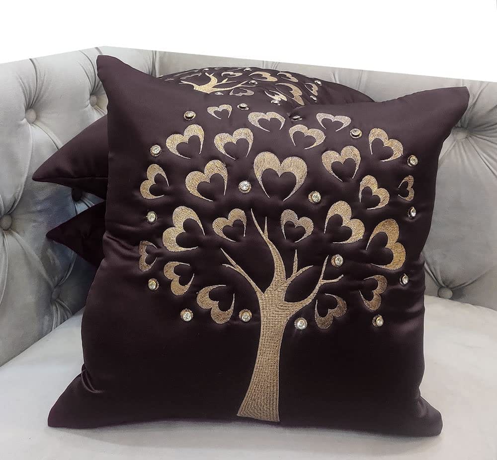 GOODVIBES Brown Gold Embroidered Velvet Cushion Case Luxury Modern Throw Pillow Cover Decorative Pillow for Couch Living Room Bedroom Car| 16X16 Inches | 40cm * 40 cm I Set of 3|