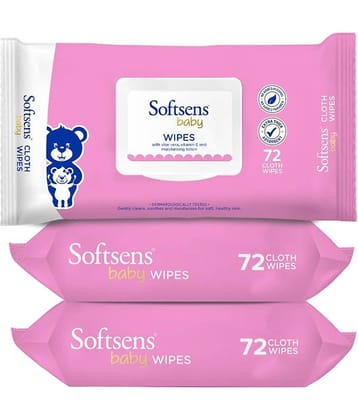 Softsens Baby Gentle Cloth Wipes Enriched with Aloe Vera , Vitamin, 72 Wipes, Pack of 3