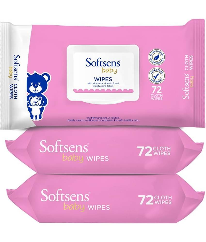 Softsens Baby Gentle Cloth Wipes Enriched with Aloe Vera , Vitamin, 72 Wipes, Pack of 3