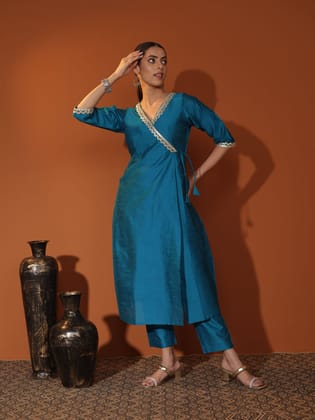 Teal Blue Raw Silk Angrakha Kurta & Cigarette-Pant Set with Silver Gota Patti Trim