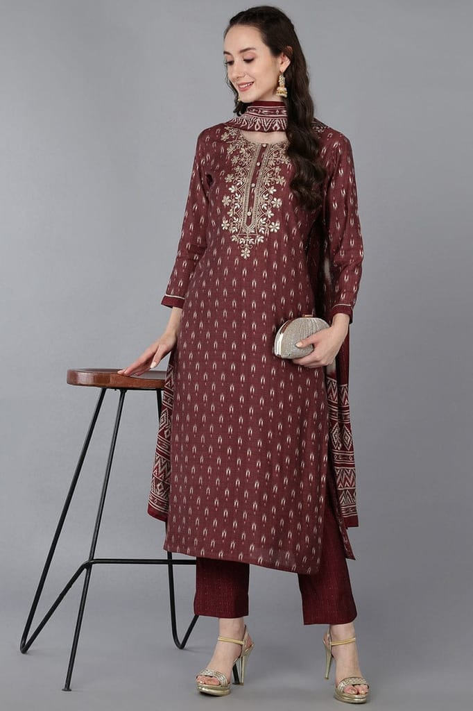 Affordable Women Maroon Silk Blend Geometric Straight Kurta Trousers With Dupatta VKSKD1697 2026