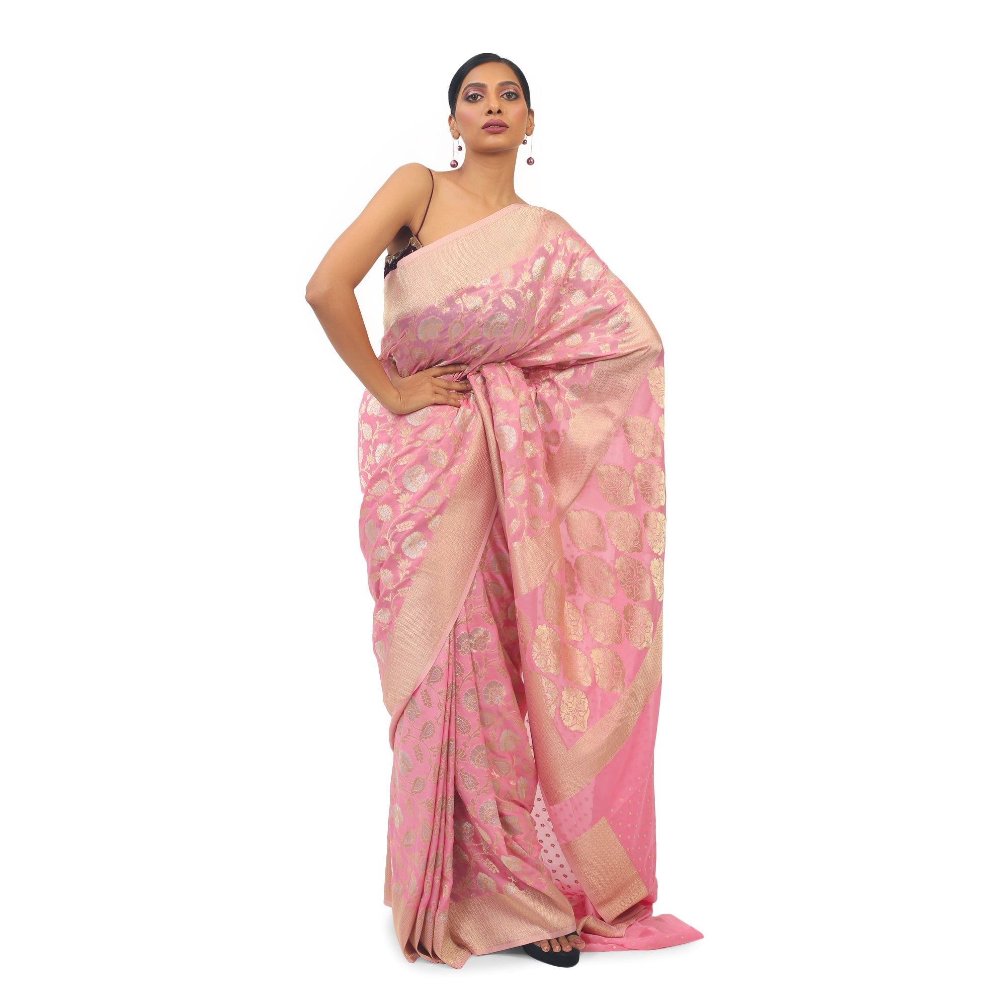 TheHangr Pink Soft Georgette Designer Saree With Golden And Silver Work