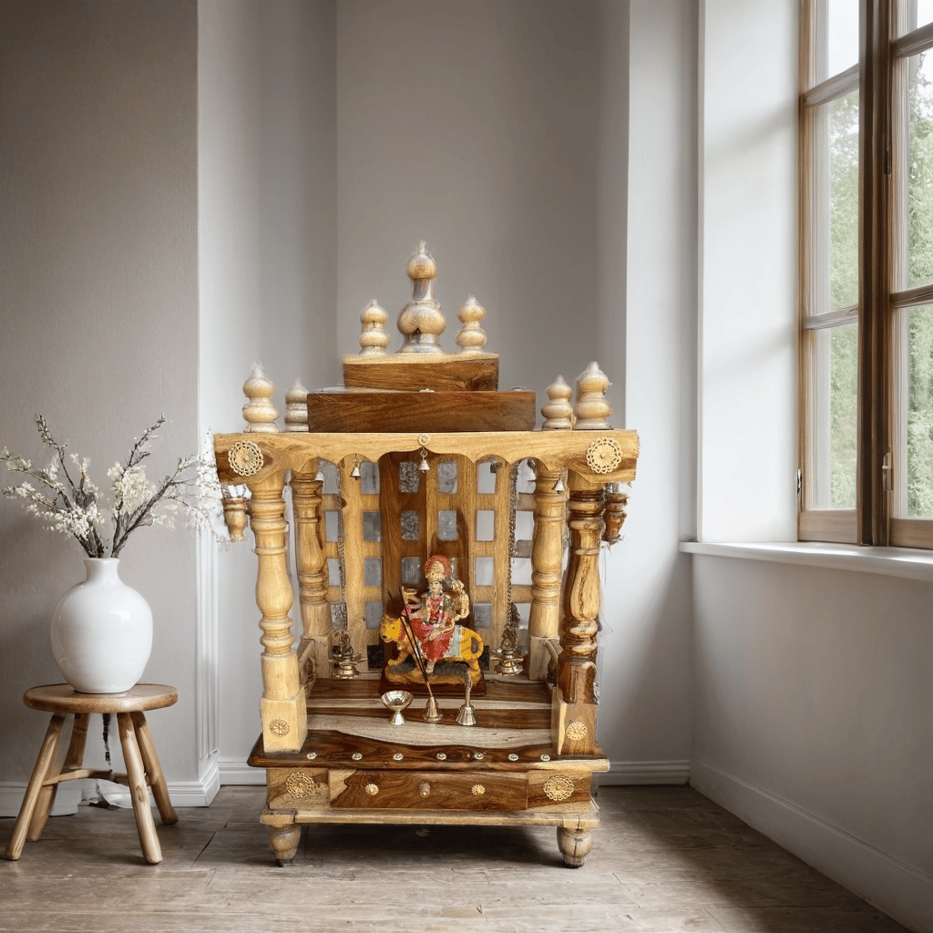 Solid Wood Wall Mandir Drawer Pooja Temple