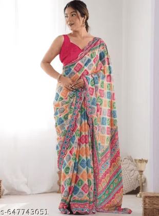 Georgette Saree for Women | Soft Digital Printed Mirror Work with Running Blouse | Designer Party & Festive WeaR
