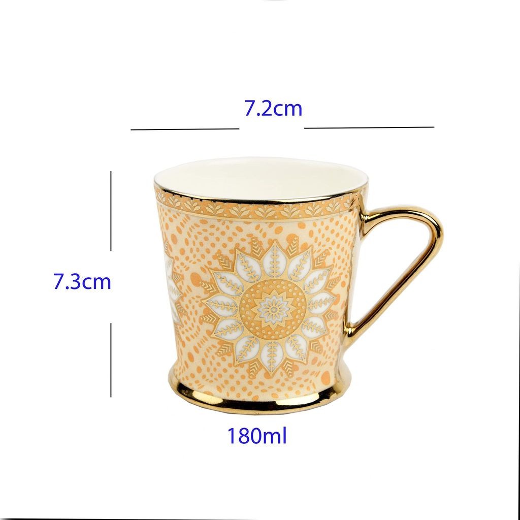 Femora Lotus Pattern with Golden Handle Golden Tea Mugs, Ceramic Tea Cups, Coffee Mugs (180 ml, Golden) - 6 Pcs Set