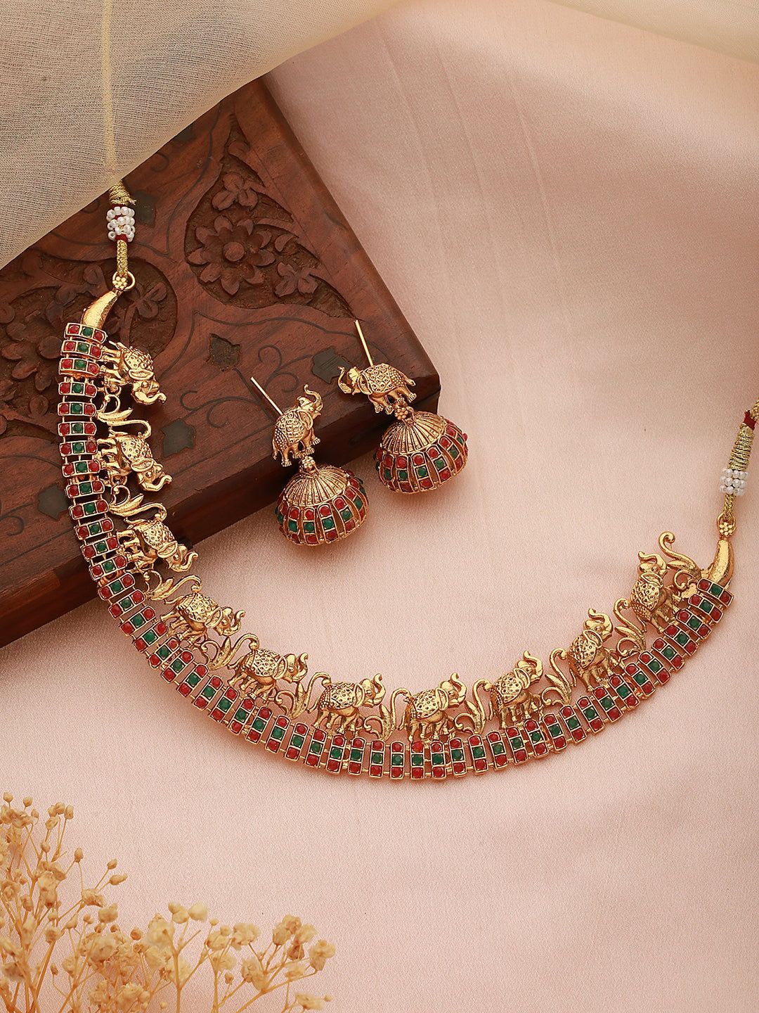 Gold Plated Kemp stone studded Pearl Beaded elephant motif Temple Jewellery Set