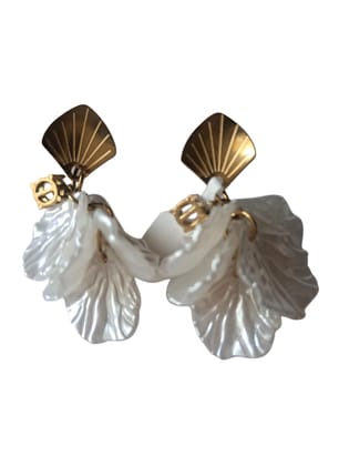 Anti tarnish, Vintage Art Deco Fan Shell Earrings, White Pearl Effect with Gold Tone Metal, Crystal Accent Drop Dangle Style