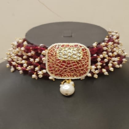 Beautiful Meenakari Crystal Choker Sat Dark Red Colour