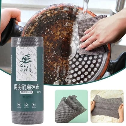 Kitchen Scrub Cloth, Kitchen Wear Resistant Rag, Roll Disposable Cleaning Cloth, Microfiber Scouring Pad, Non-Stick Oil Cleaning Towel Easy to Clean (25pcs Wipes)