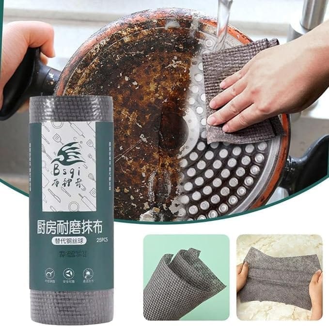 Kitchen Scrub Cloth, Kitchen Wear Resistant Rag, Roll Disposable Cleaning Cloth, Microfiber Scouring Pad, Non-Stick Oil Cleaning Towel Easy to Clean (25pcs Wipes)