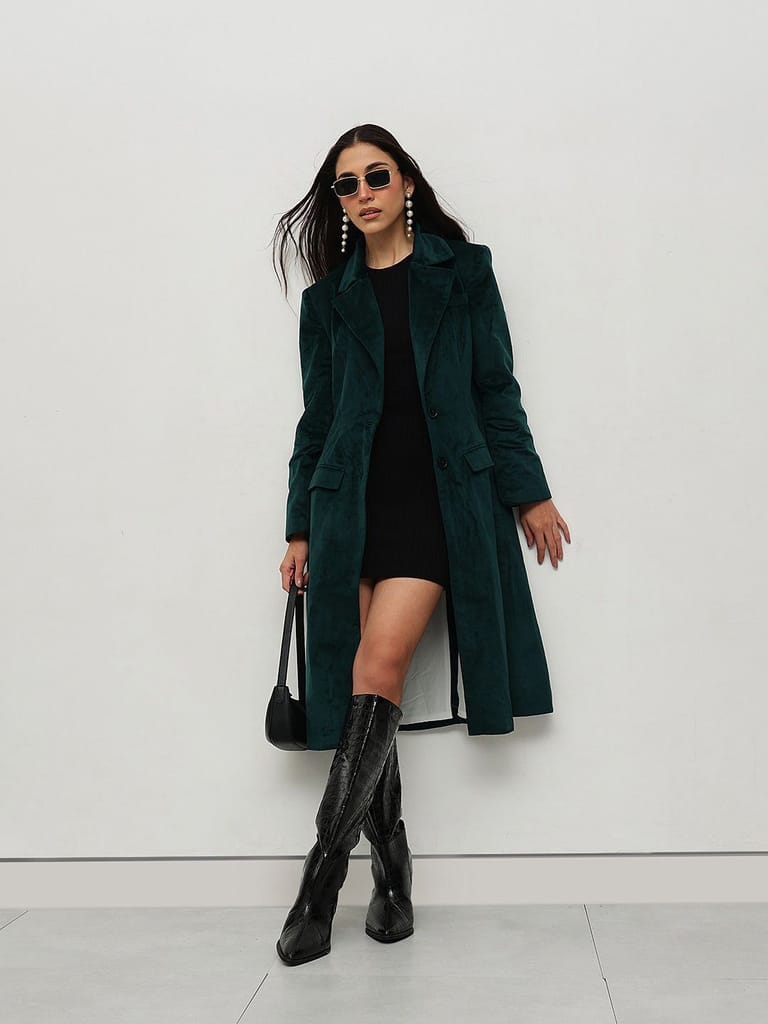 Emerald Green Velvet Trench Coat - Jackets & Coats | Buy online on ZillyBuy
