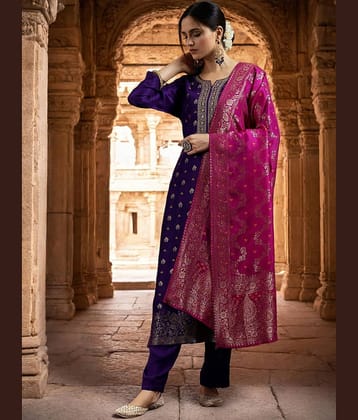 kedar fab Women Silk Blend Embroidered Straight Kurti With Pants ( Violet )